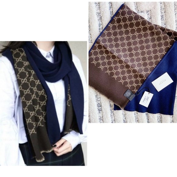 Authentic Gucci GG Logo Brown Blue 35x180cm/14”x71" Wool/Silk Shawl Scarf - Picture 1 of 10